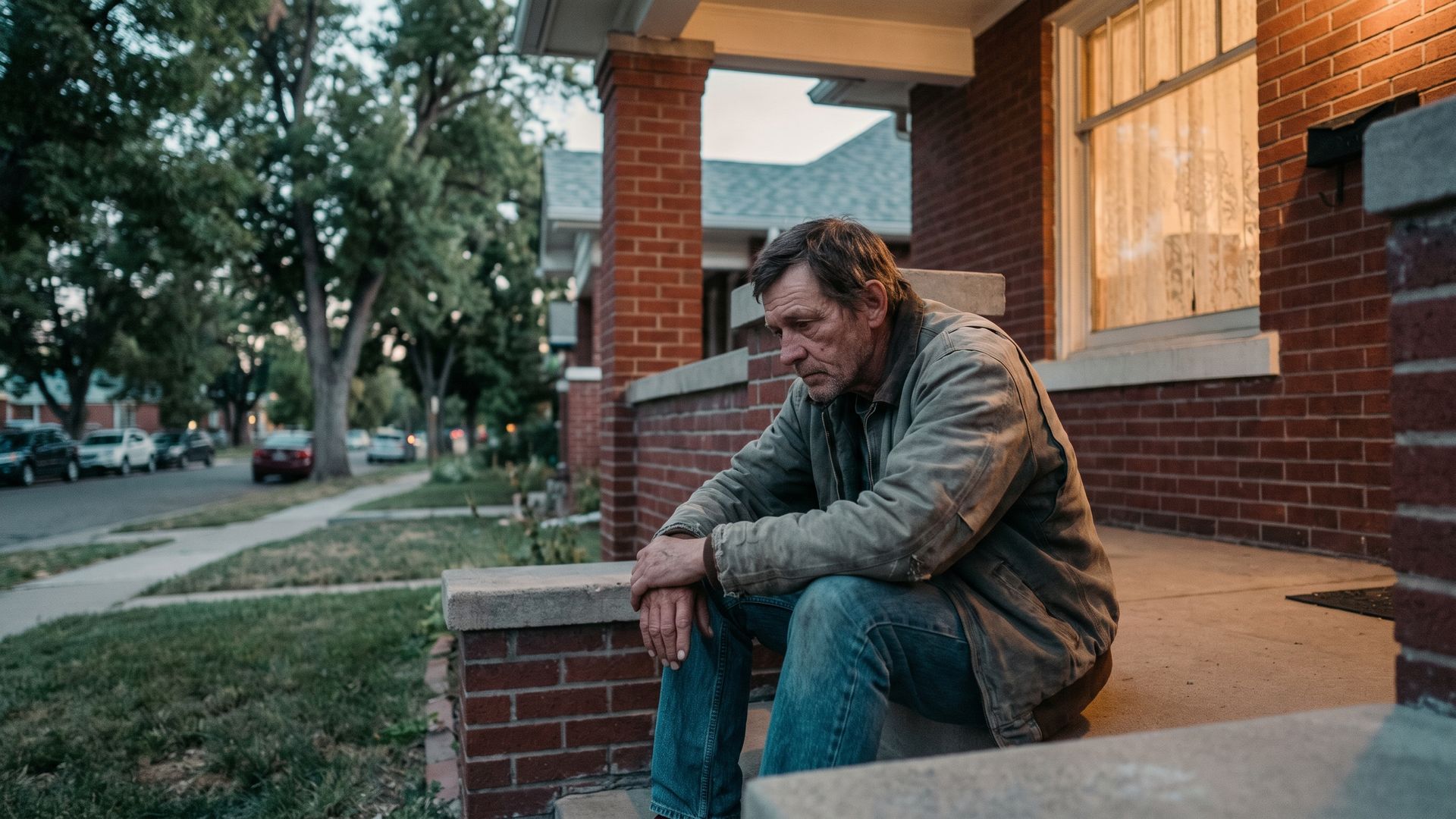 A thoughtful man sitting alone on the front steps of a brick Denver bungalow at dusk