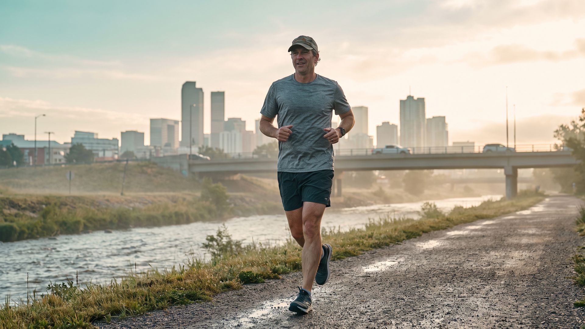 A man jogging at a steady pace along the Cherry Creek Trail in Denver at sunrise with the skyline behind him