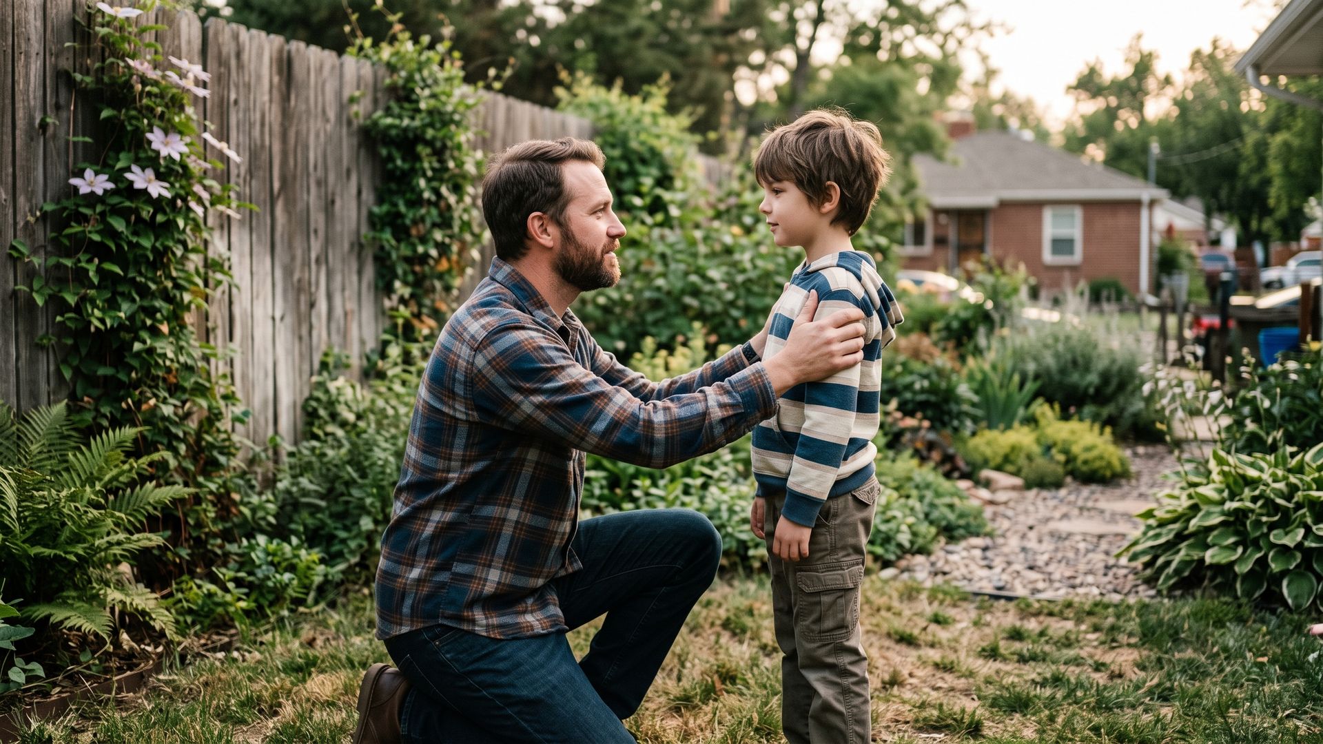 A father kneeling to talk calmly at eye level with his young son in a Denver backyard