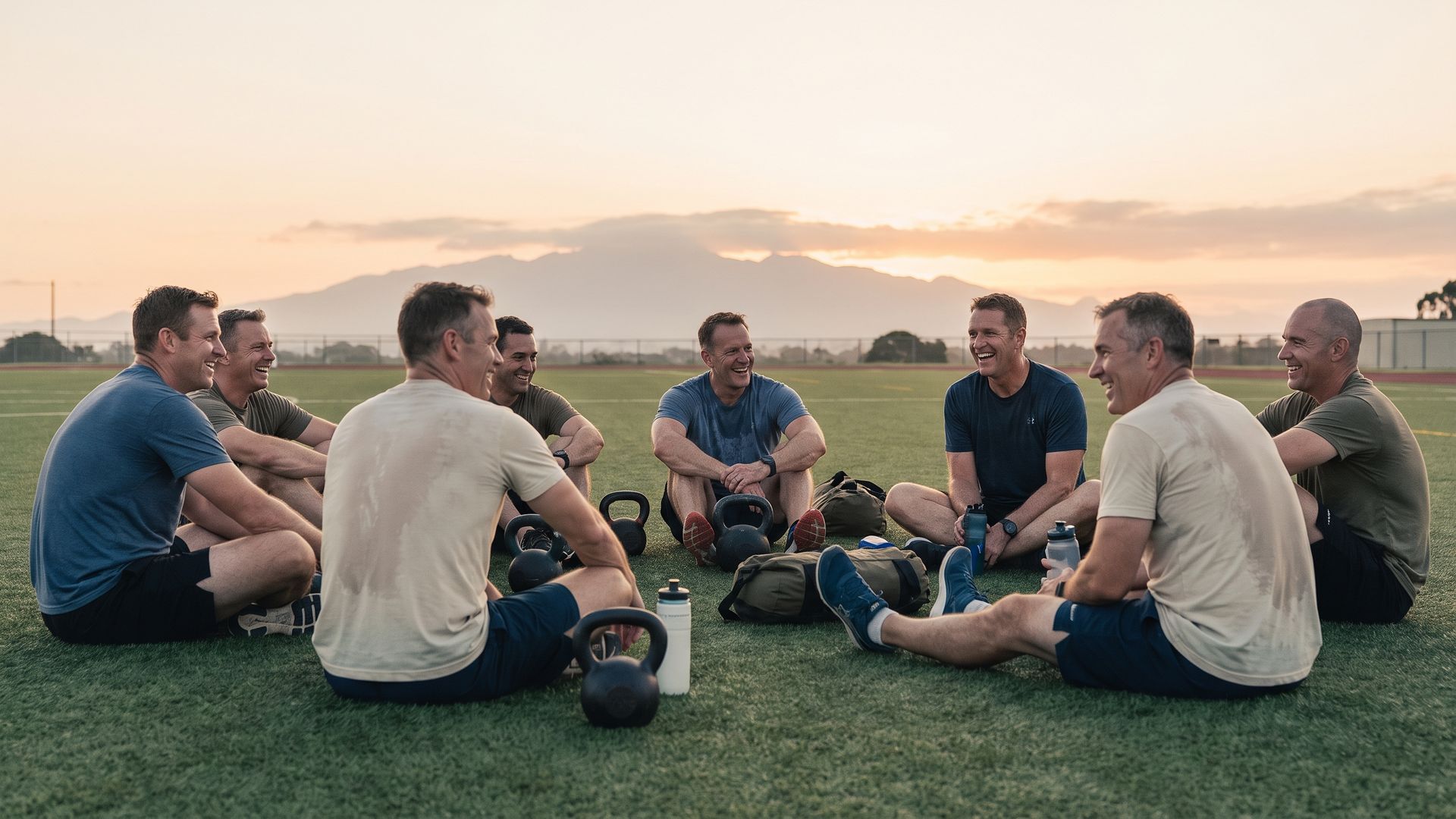 A group of men sitting in a circle talking on a Denver turf field after a sunrise workout