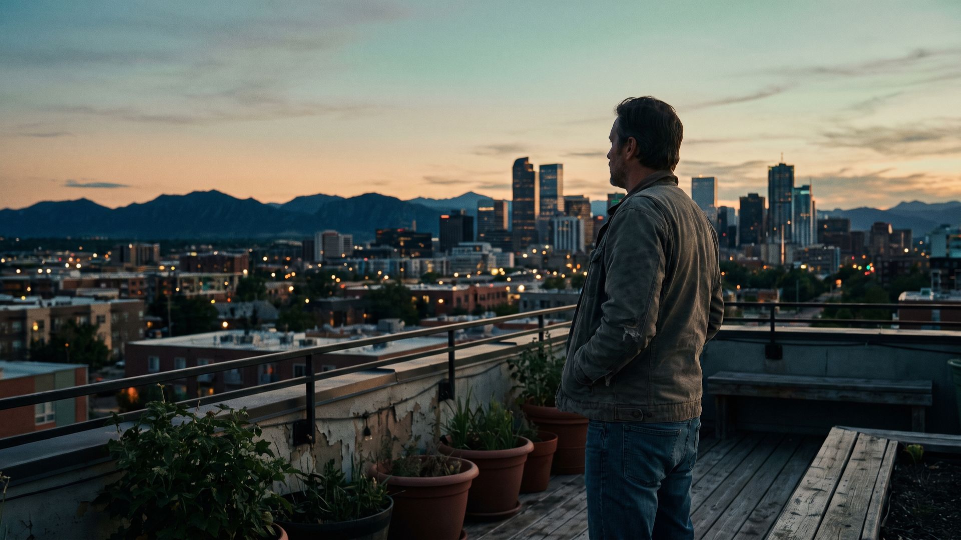 A man looking out over the downtown Denver skyline from a rooftop at dusk