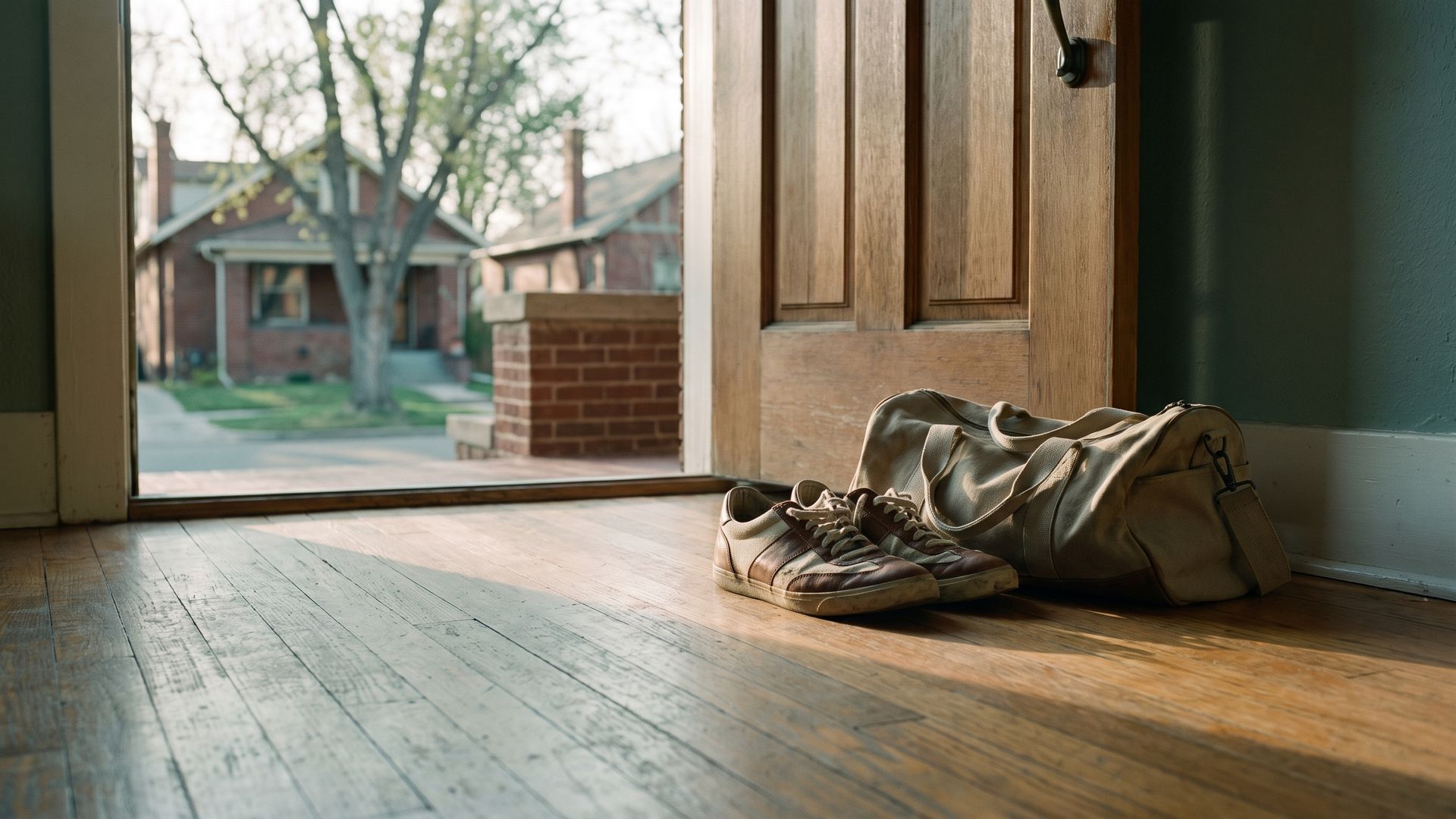 Training shoes and a gym bag by the open front door of a brick bungalow in South Denver at dawn