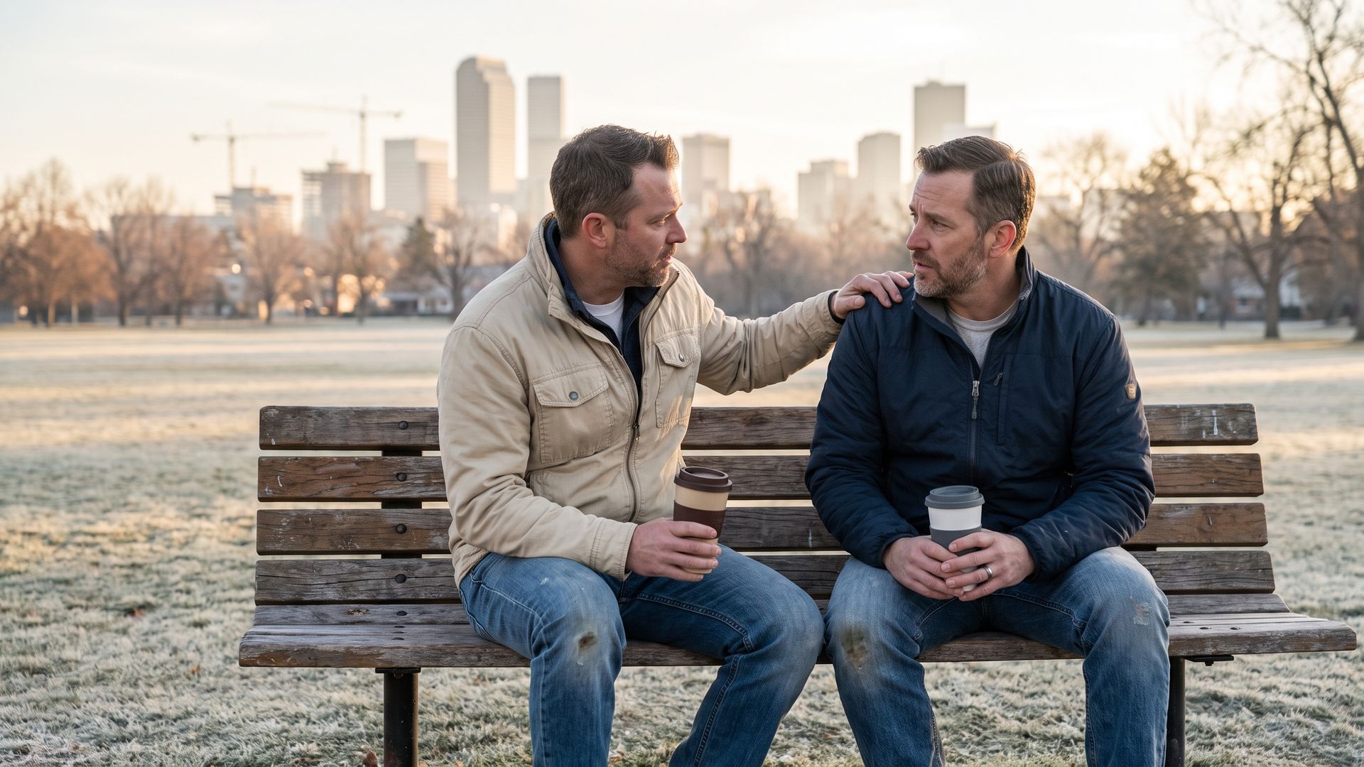 Two men talking over coffee on a bench in City Park, Denver, with the downtown skyline behind them