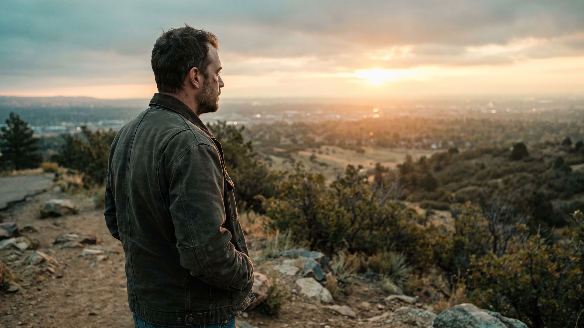 A man standing alone at a quiet overlook in the Colorado foothills west of Denver at sunrise, looking out over the valley