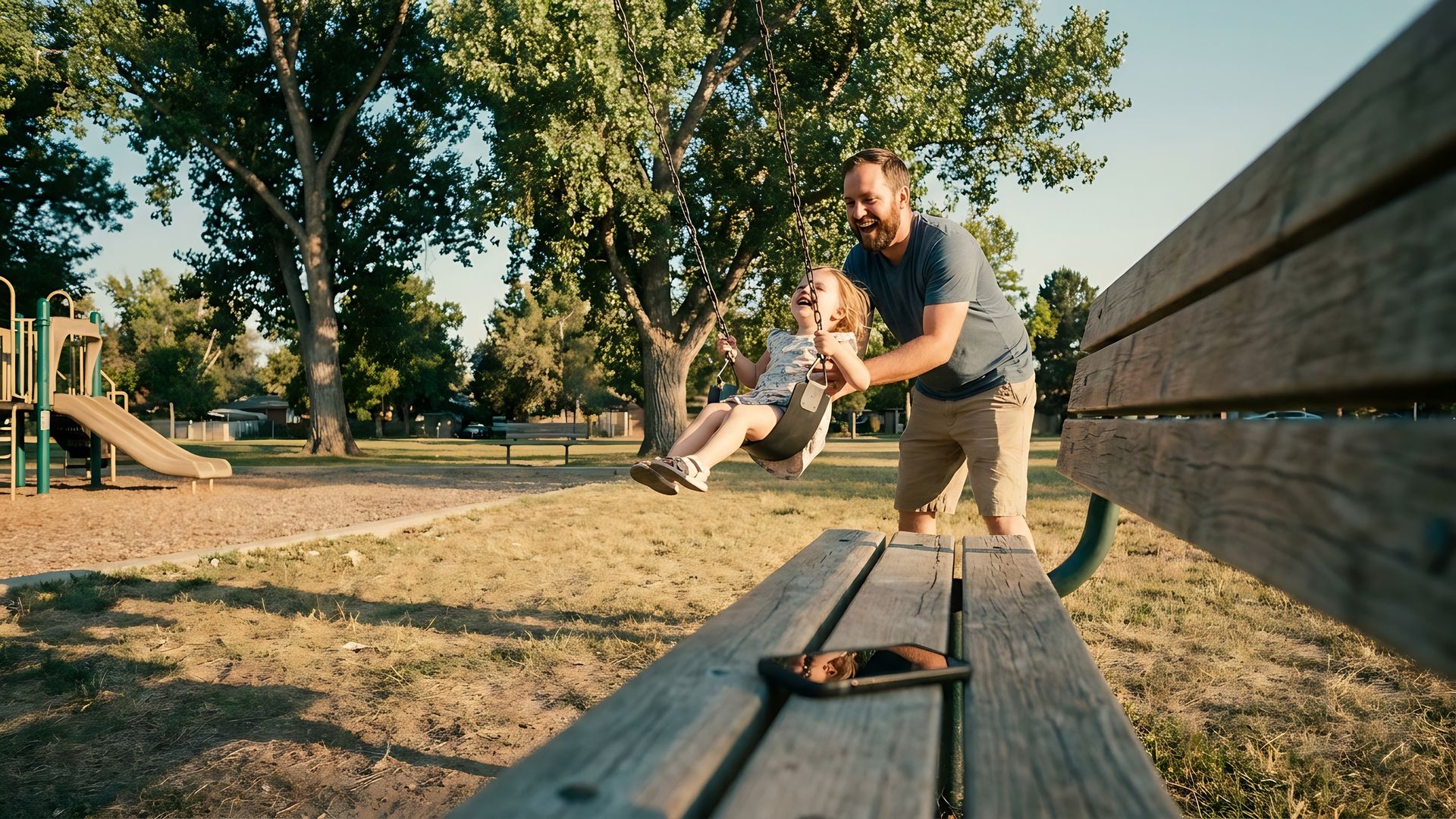 A dad pushing his laughing daughter on a swing at a Denver park while his phone sits face down on a bench