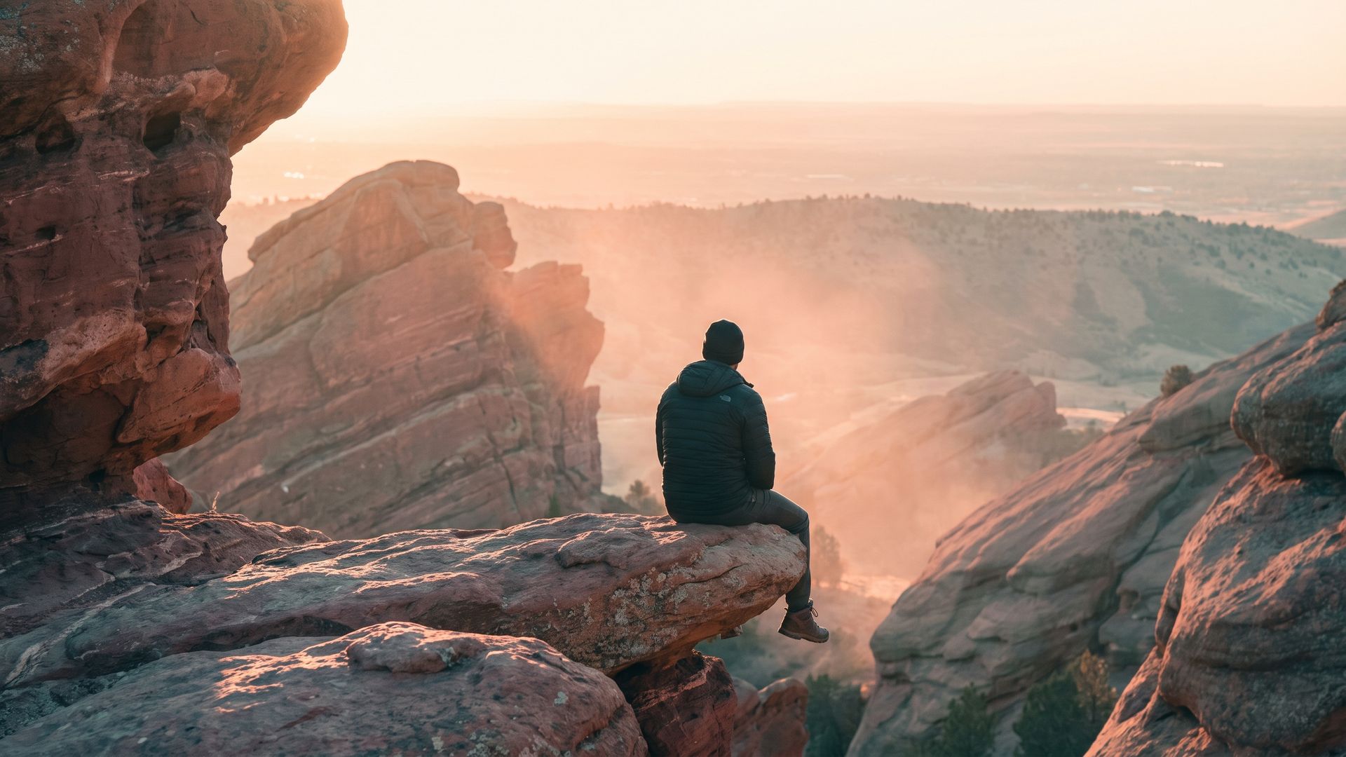 A man sitting quietly on a red sandstone ledge near Red Rocks outside Denver at sunrise