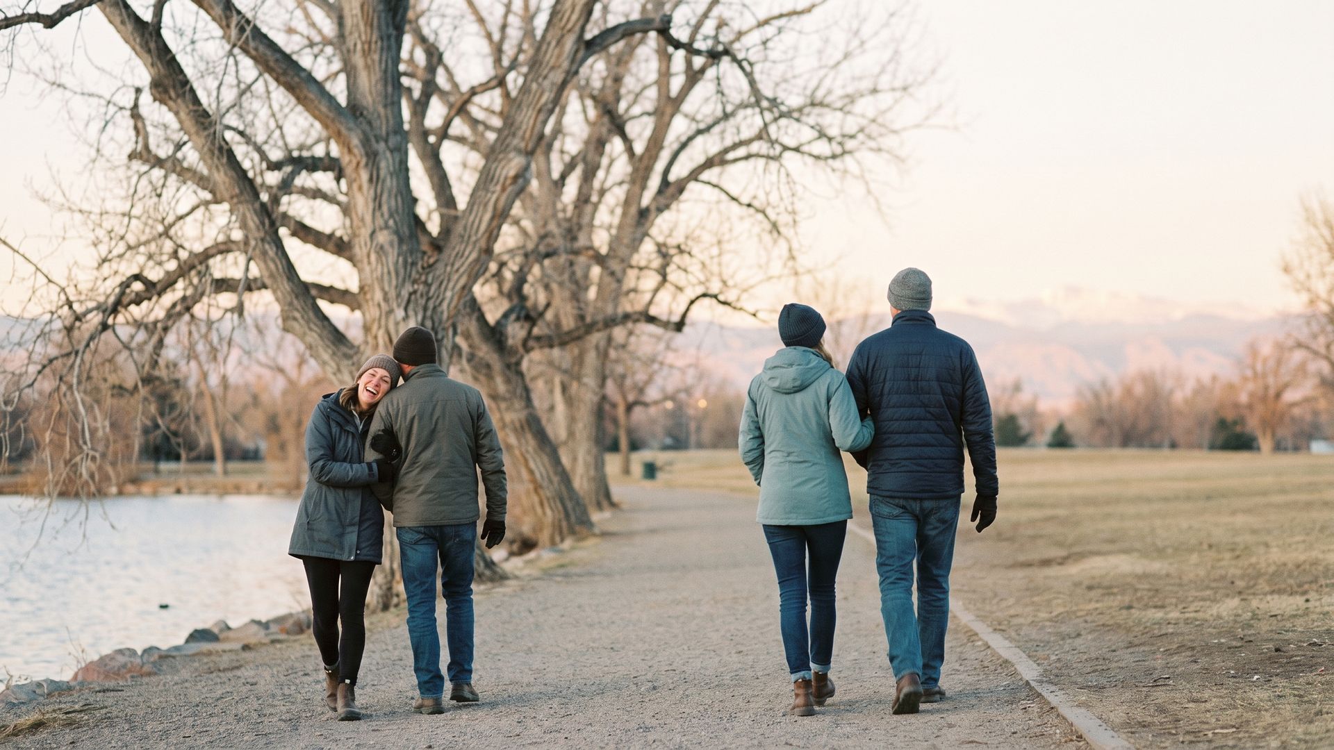 Couples walking the path around Smith Lake in Washington Park, Denver, at sunrise