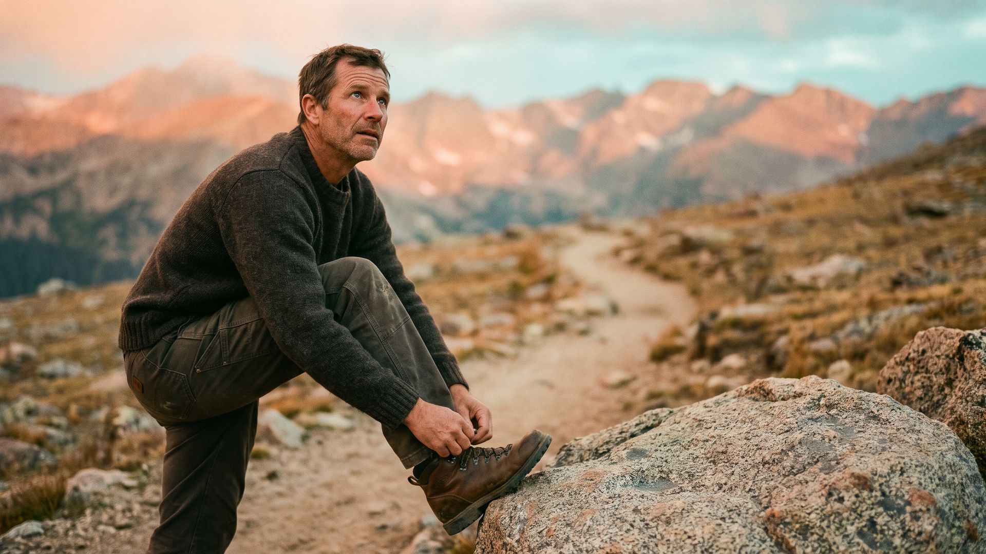 A man in his late 40s tightening his hiking boot on a boulder at the start of a rocky alpine trail on a Colorado fourteener at dawn, the trail winding up toward Front Range peaks lit pink by first light