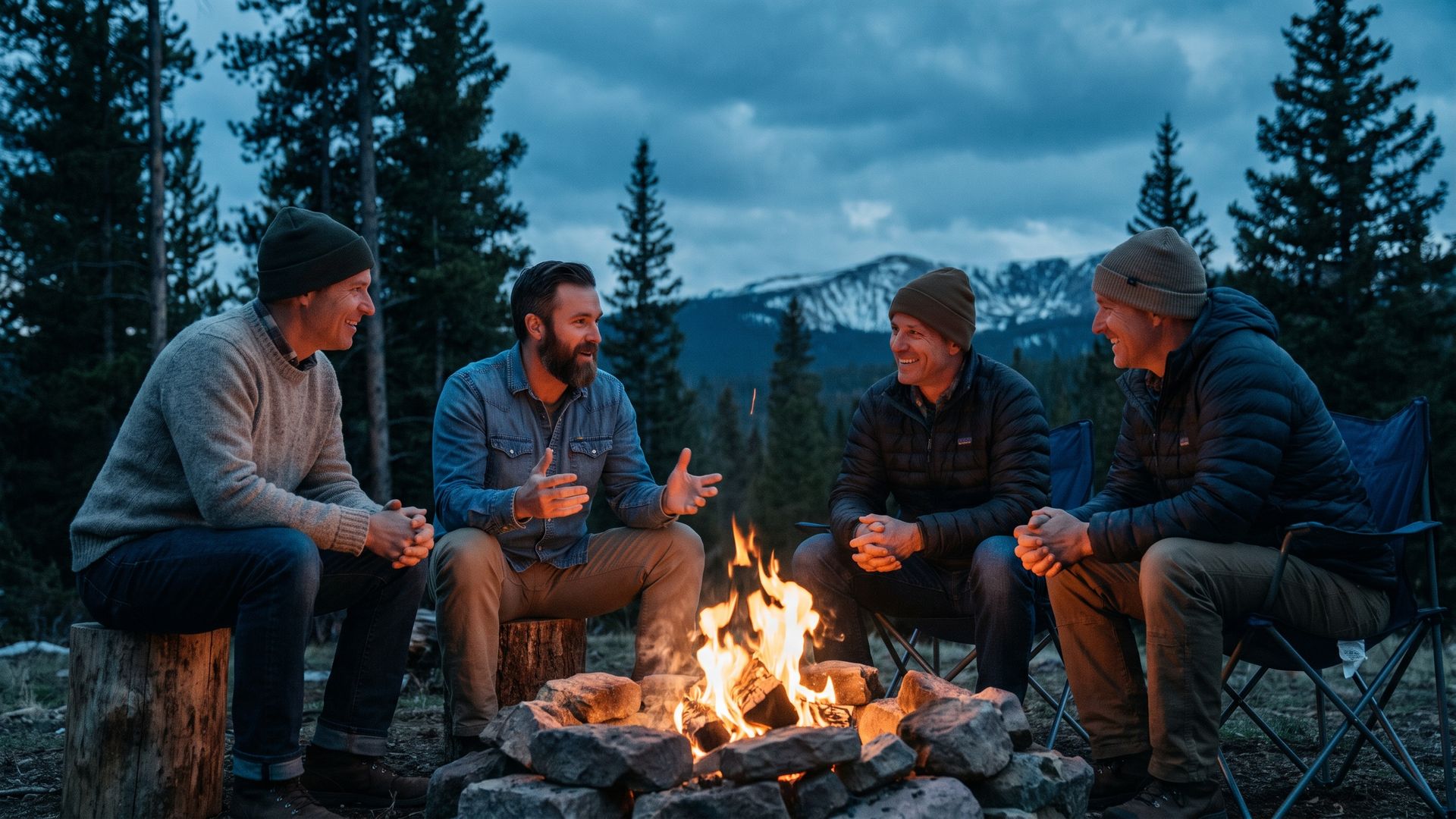 A small group of men talking around a campfire in the Colorado mountains at dusk