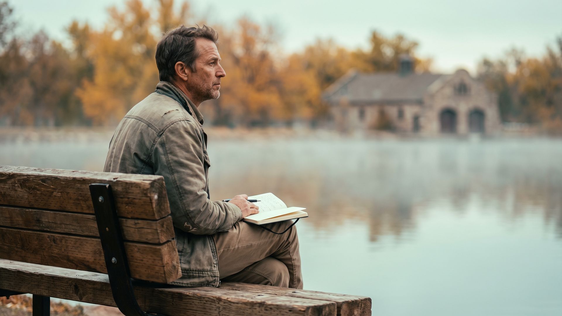 A man sitting alone on a bench beside Smith Lake in Denver's Washington Park in the early morning, a notebook on his knee, looking out over the water