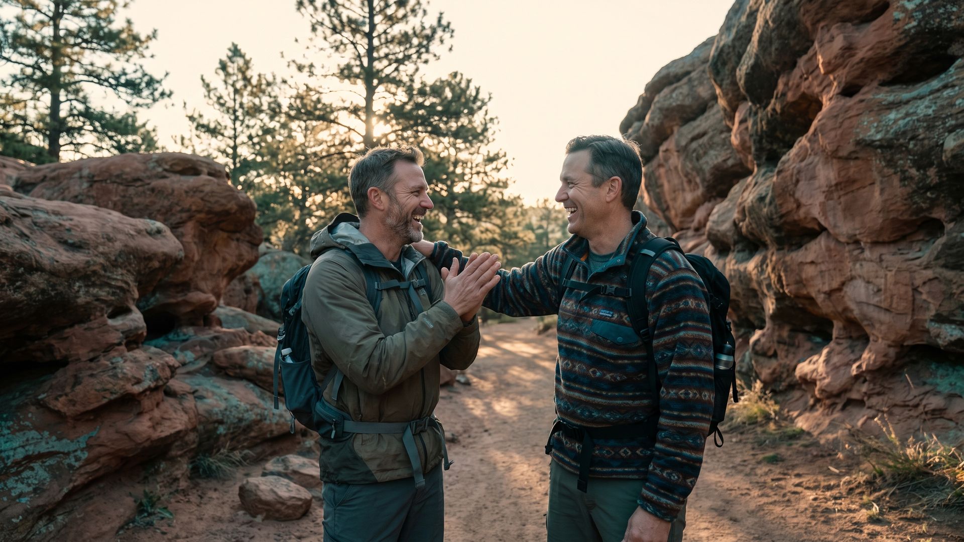 Two men laughing together on a hiking trail among red rock formations near Morrison, Colorado