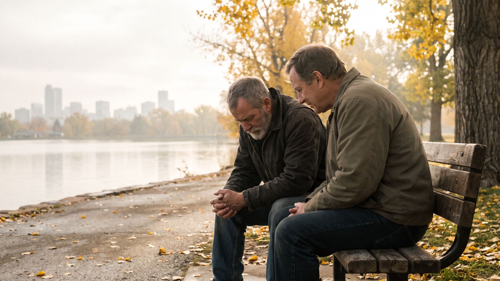 Two men sitting together on a wooden bench beside Ferril Lake in Denver's City Park on a misty autumn morning, one with his head bowed while the other leans in to listen, the downtown Denver skyline across the water
