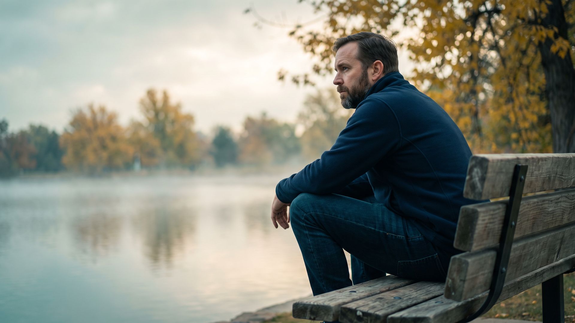 A man in his mid 40s sitting alone on a bench beside the lake in Washington Park, Denver, on a misty autumn morning, looking out over the still water