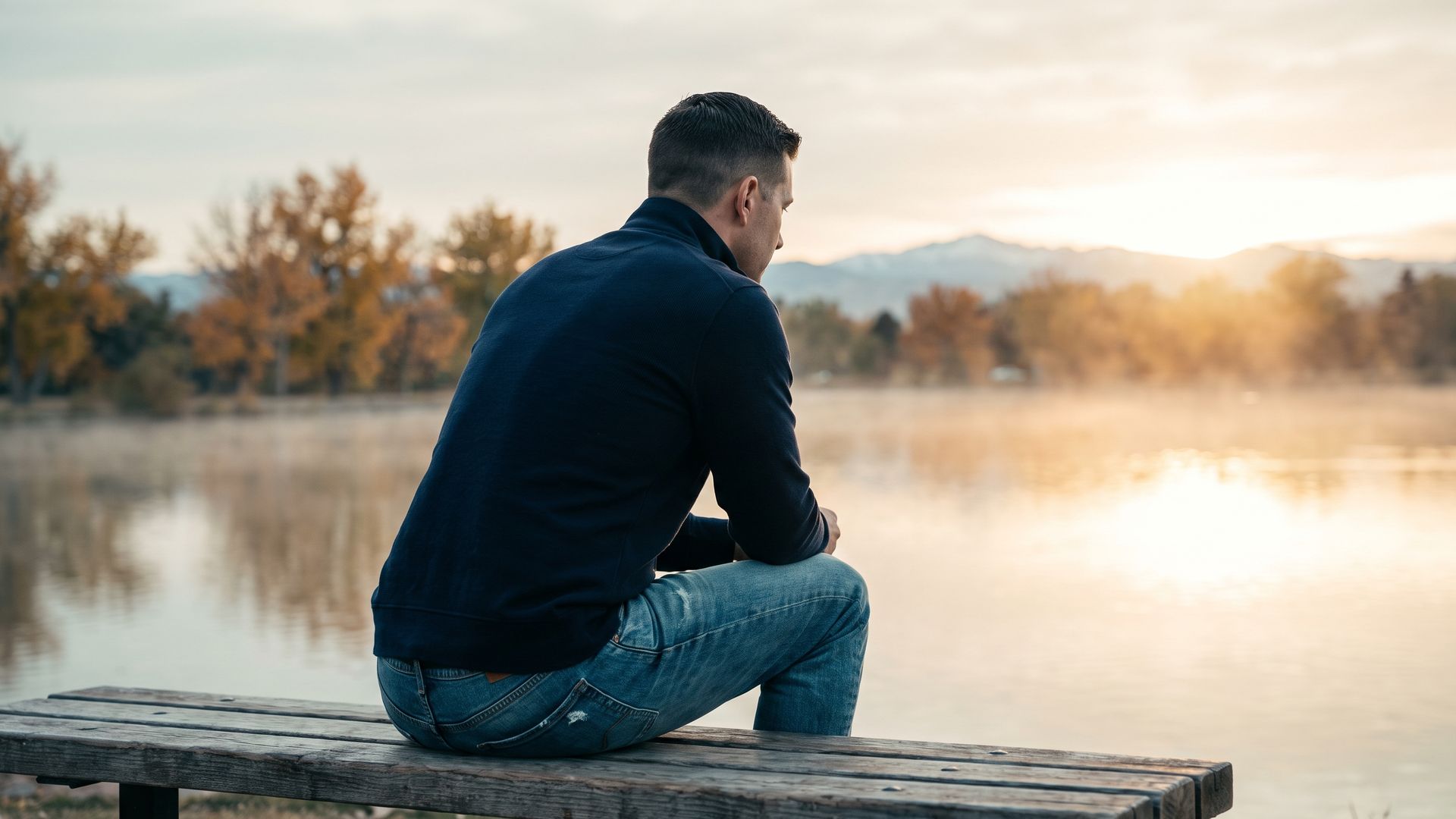 A man sitting alone on a bench at the edge of Smith Lake in Washington Park, Denver, on a misty autumn morning
