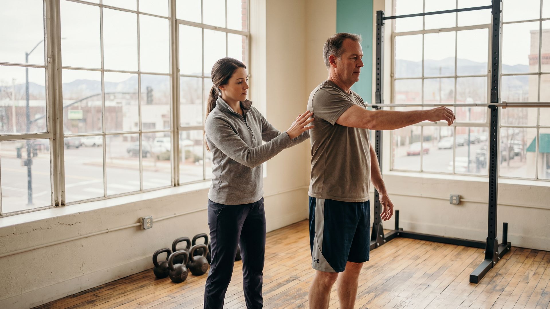 A coach assessing a man's shoulder mobility in a bright training studio in Denver
