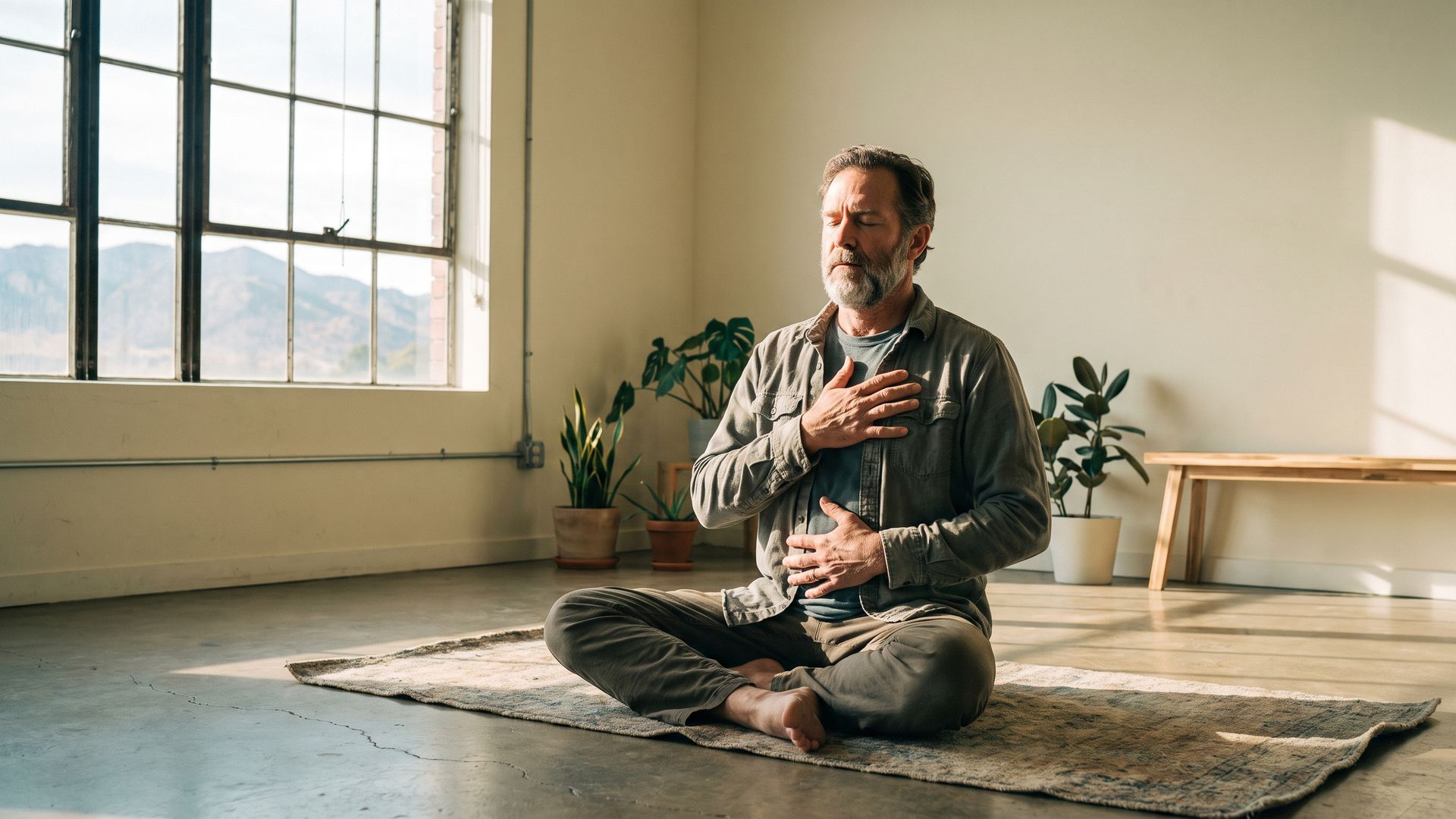 A man doing slow breathwork on a mat in a calm Denver studio with the foothills visible through the window