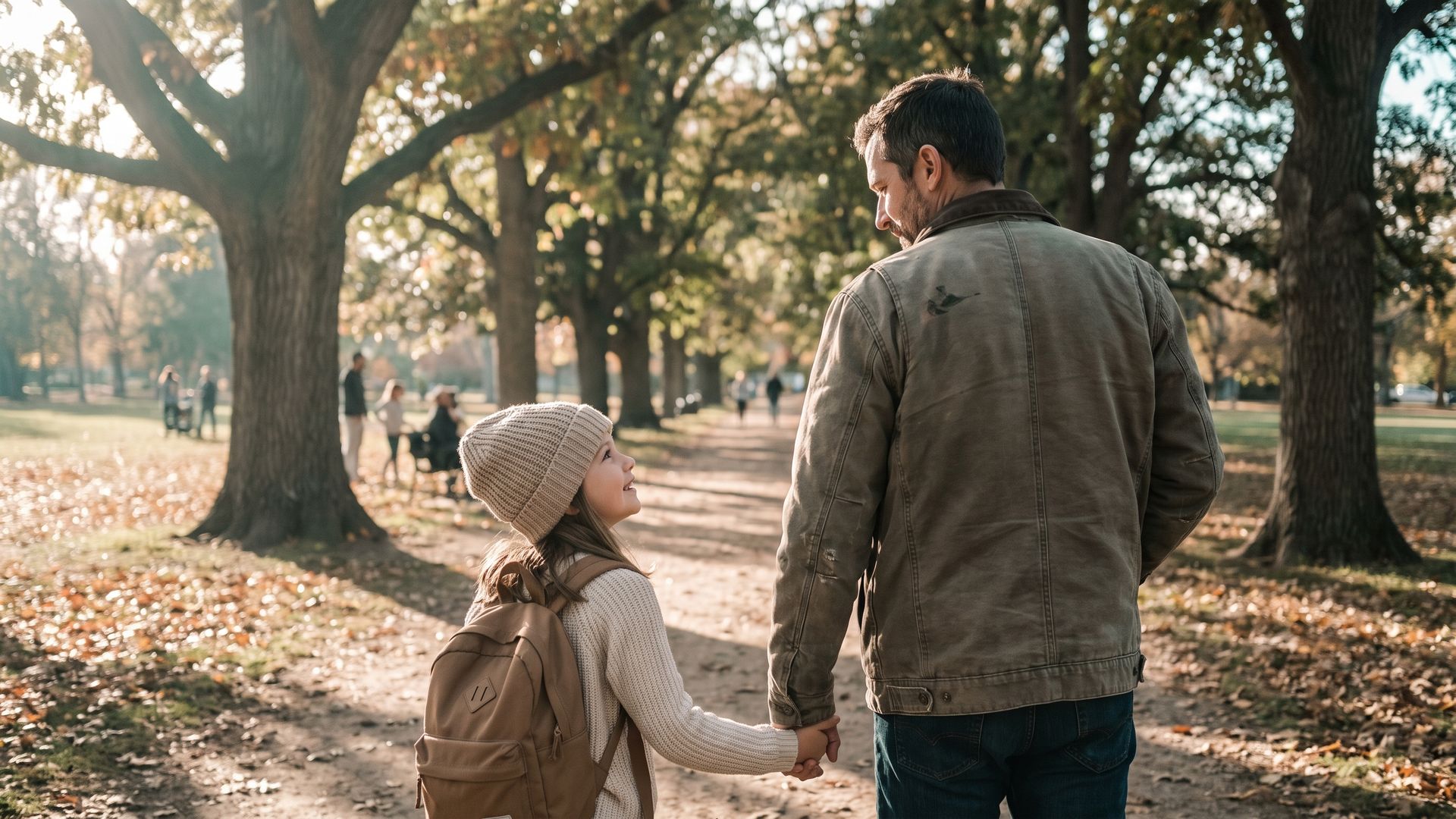 A father and young daughter walking hand in hand through Washington Park in Denver